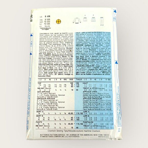 Vintage 1980s Butterick Sewing Pattern 6738 Childrens Top Skirt Pants Size 5-6X - Picture 2 of 2